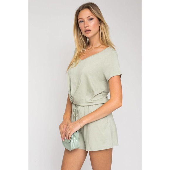 GILLI Short Sleeves V-Neckline Front Overlap Romper with Pockets in Sage - Picture 5 of 10